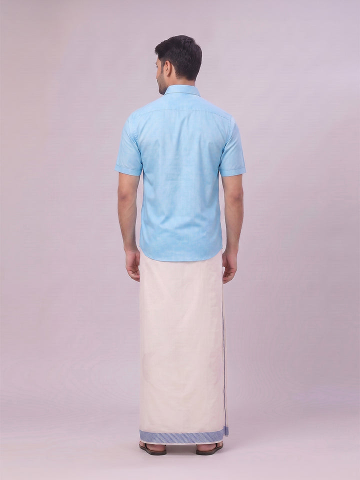 Men's Cotton Sky Blue Shirt and Airtex Matching Border Dhoti Combo Nector