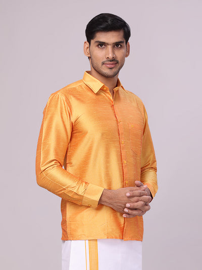 Men Dupion Satin Regular Fit Gold Yellow Color Shirt side pose