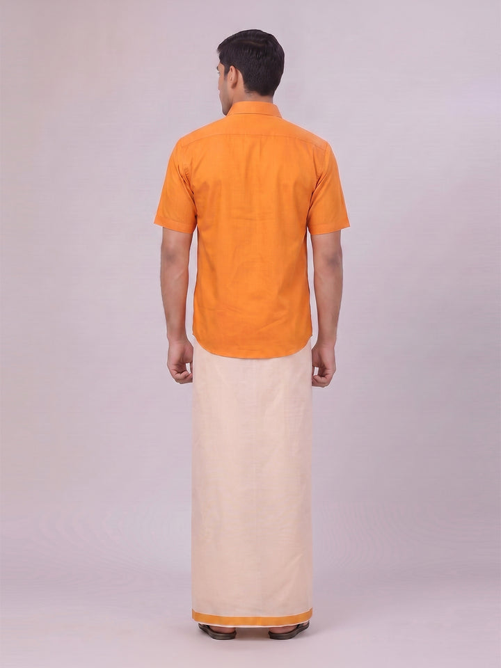Mens Cotton Orange Shirt with Tissue Matching Border Dhoti Wedding Combo Kandala