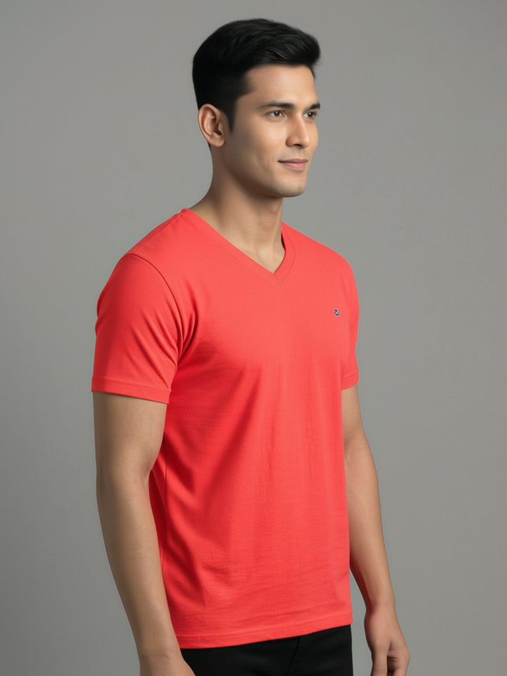 Men's Coral Regular Fit V-Neck T-Shirt Caliber
