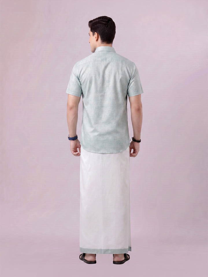 Men's Turquois Color Digital Printed Shirt with Matching Printed Border Dhoti Combo Varnam