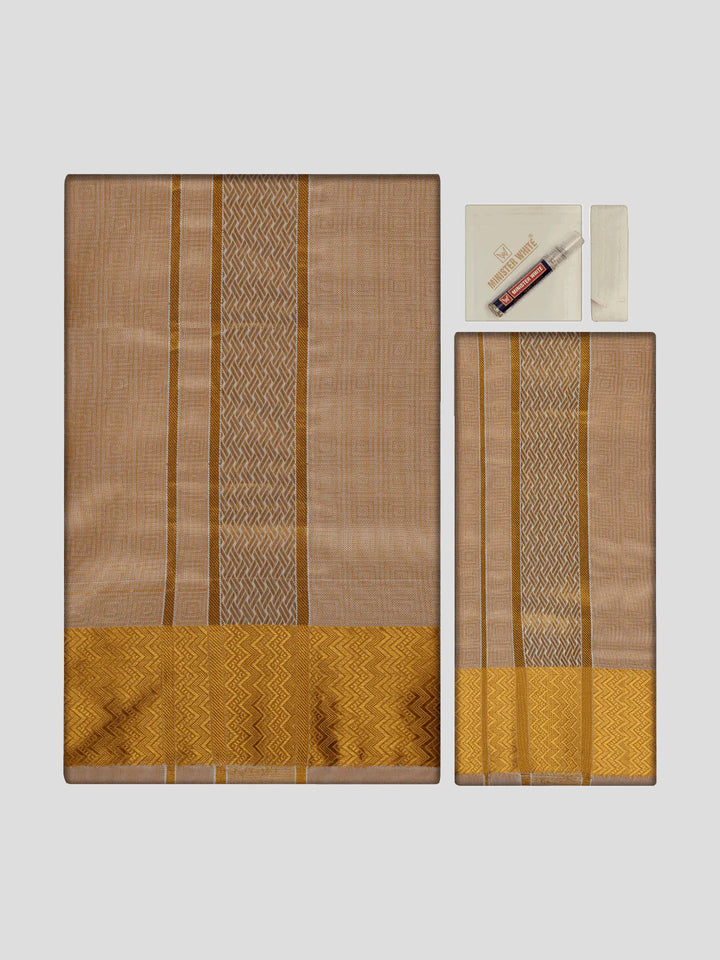 Men's Art Silk Biscuit Jacquard Full Sleeves Shirt with 2 1/2" Gold Jari Border & Towel Dhoti Combo Nautica