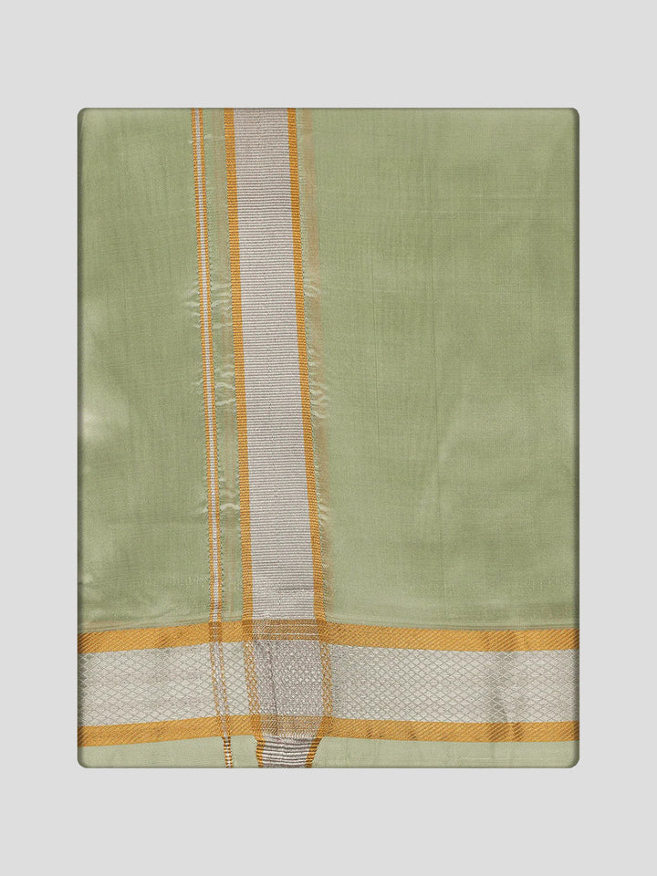 Men's Premium Art Silk Pista Green Shirt Bit with Gold and Silver Jari Border Dhoti Combo Cherished Moments
