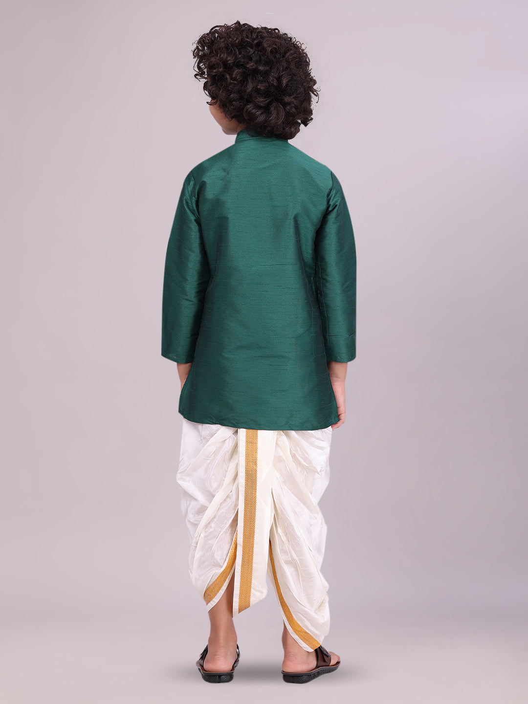 Boys Green Colour Kurtha with Gold Jari Panchakacham Combo Chitrang