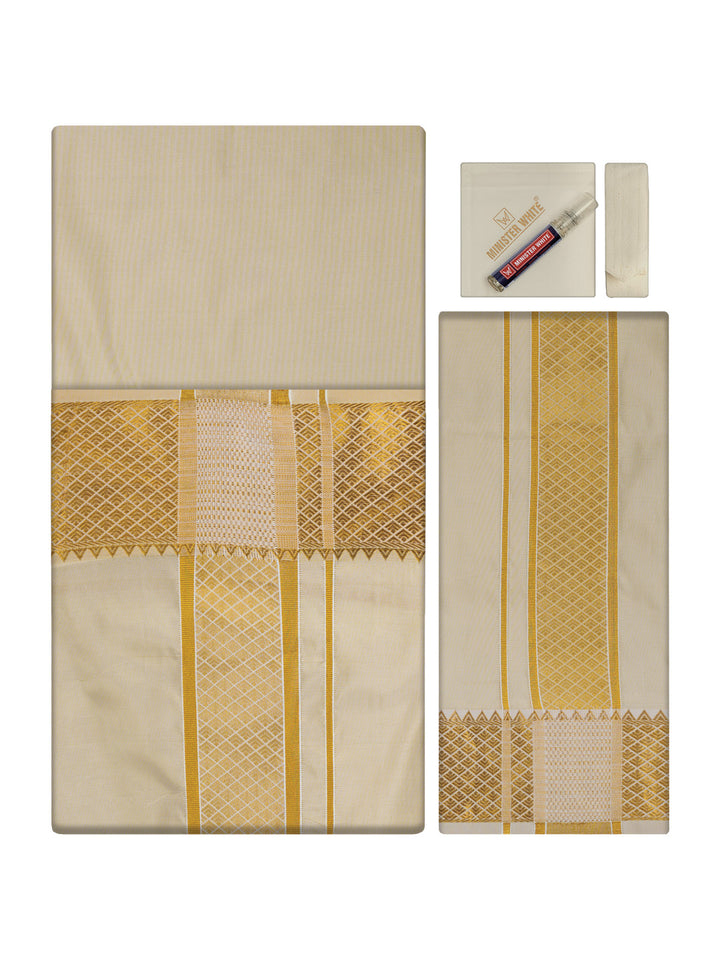 Men's Plain Art Silk Medium Gold Full Sleeves Shirt with 3"Jacquard Jari Border Flexi Dhoti Combo Mangal