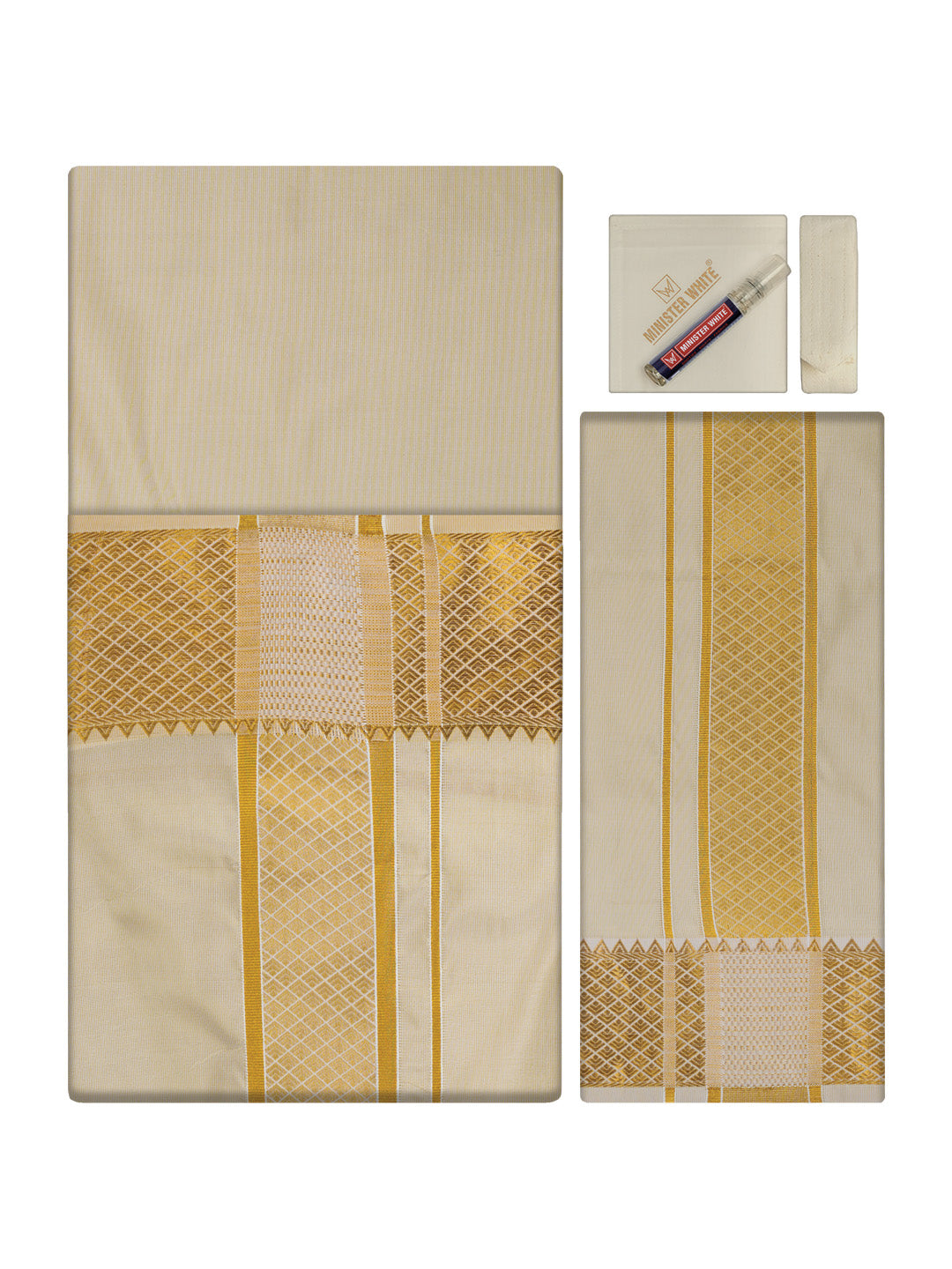 Men's Premium Art Silk Medium Gold Shirt Bit with 4" Gold Jari Border Dhoti Towel Combo Tilak