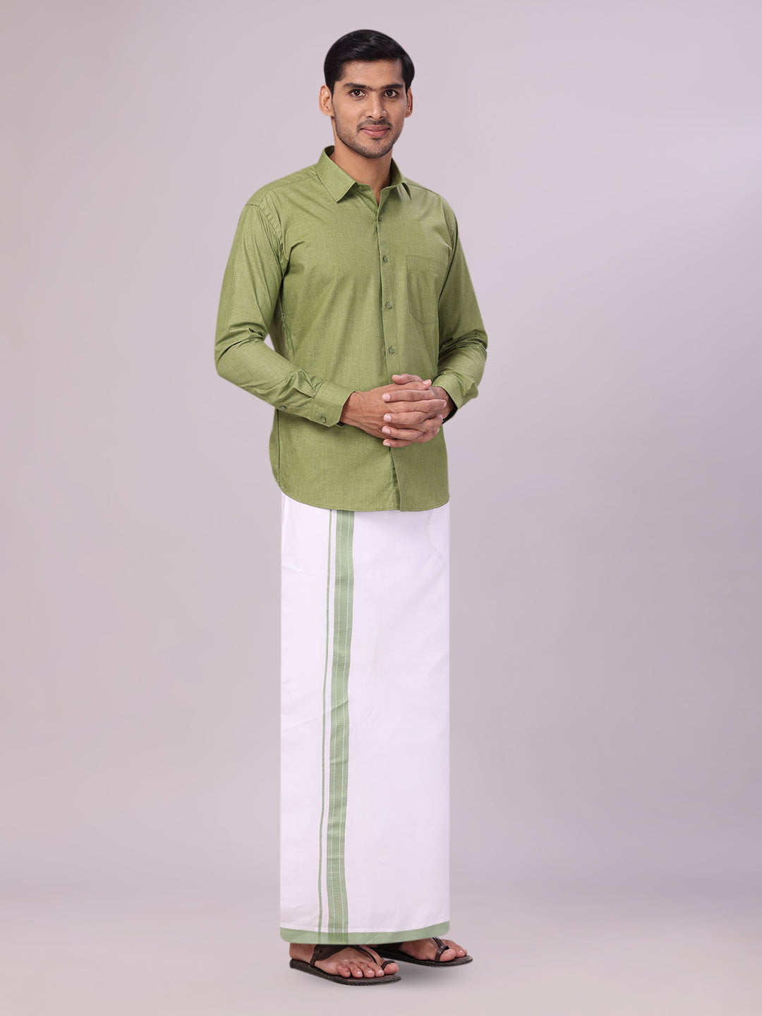 Men's Light Green Shirt with Matching Border Flexi Dhoti Combo Casper Flexi