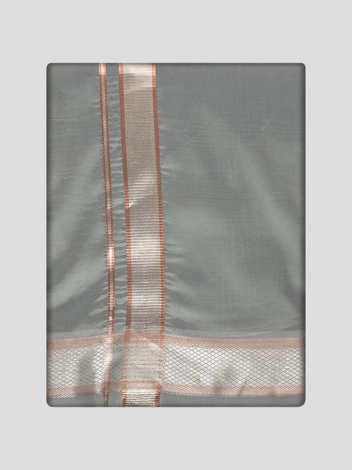Men's Premium Art Silk Steel Grey Shirt Bit with Silver Jari Border Dhoti Towel Combo Wedding Wonders
