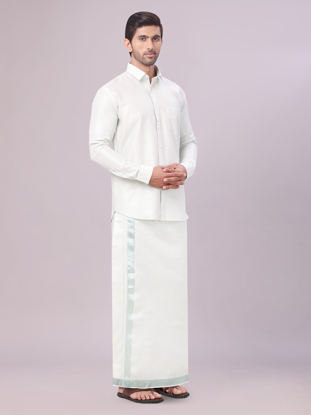 Mens Sky Green Tissue Jacquard Shirt with Matching Dhoti Combo Zeus