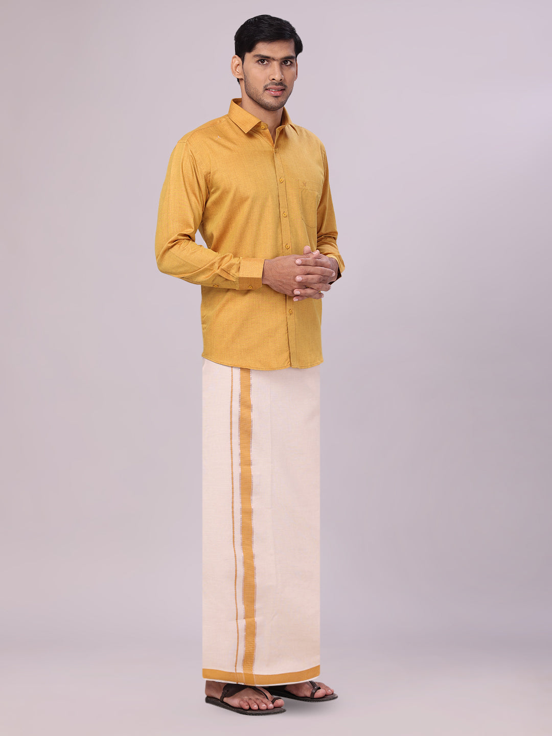 Men's Cotton Mustard Shirt with Tissue Matching Border Dhoti Wedding Combo Kandala side pose