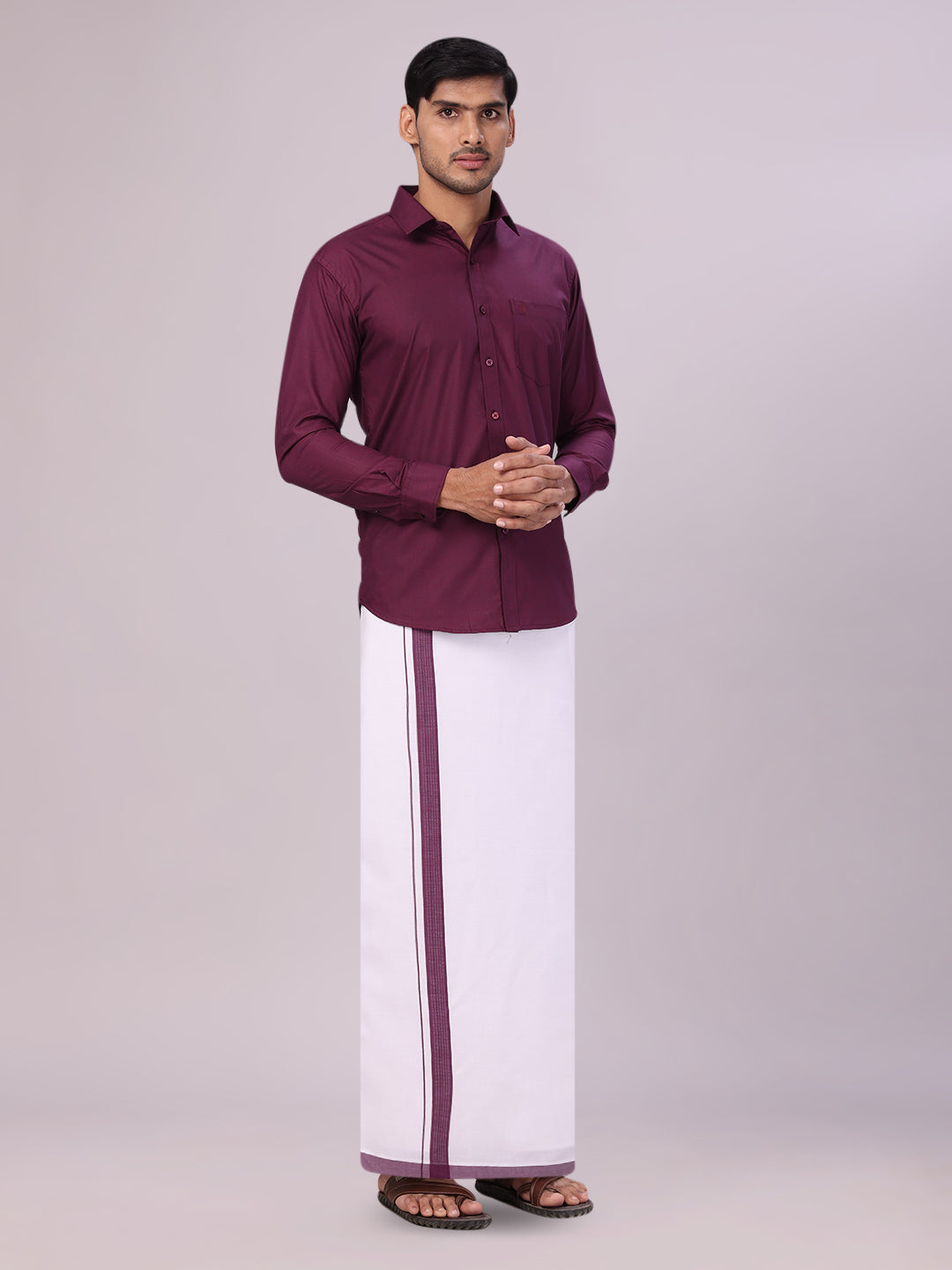 Mens Dark Wine Color Shirt with Matching Border Dhoti Combo Casper