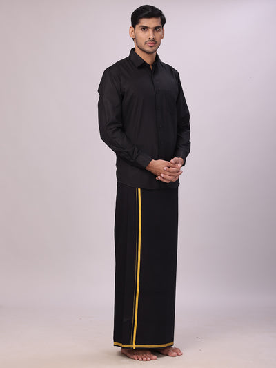 Men's Devotional Cotton Black Shirt with Small Assorted Border Dhoti & Towel Combo