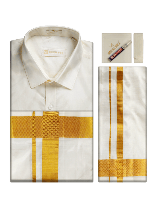 Men's Pure Silk Wedding Cream Shirt, Dhoti, Nerial with Belt Combo - Nesam 100K