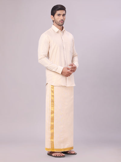 Men's Gold Tissue Jacquard Shirt with Matching Dhoti Combo Zeus side pose