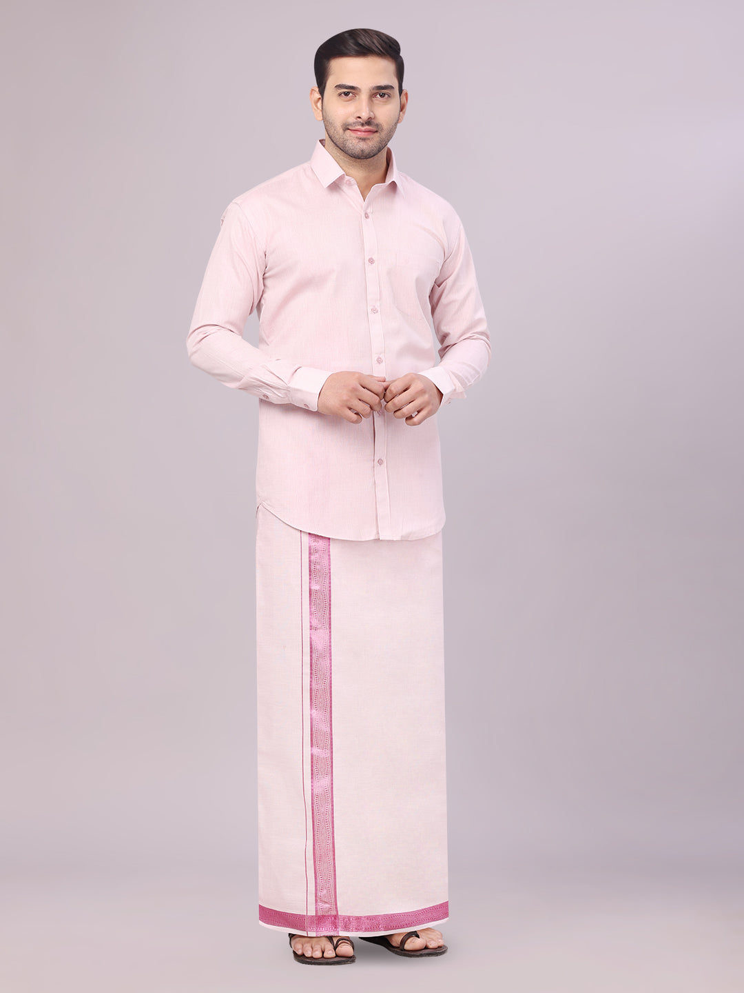 Mens Tissue Rose Shirt with Jacquard Fancy Border Dhoti Wedding Combo Nios