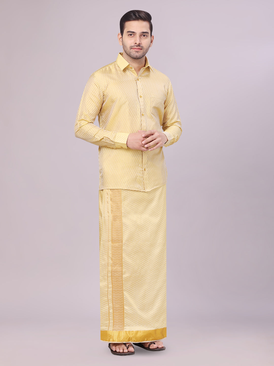 Men's Art Silk Mango Gold Full Sleeves Shirt with 2 1/2" Gold Jari Border Dhoti Combo Neogen side pose