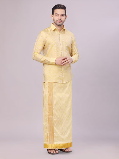 Men's Art Silk Mango Gold Full Sleeves Shirt with 2 1/2" Gold Jari Border Dhoti Combo Neogen side pose