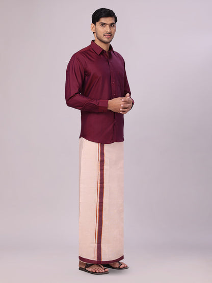 Men's Maroon Color Cotton Shirt & Matching Border Tissue Dhoti Combo