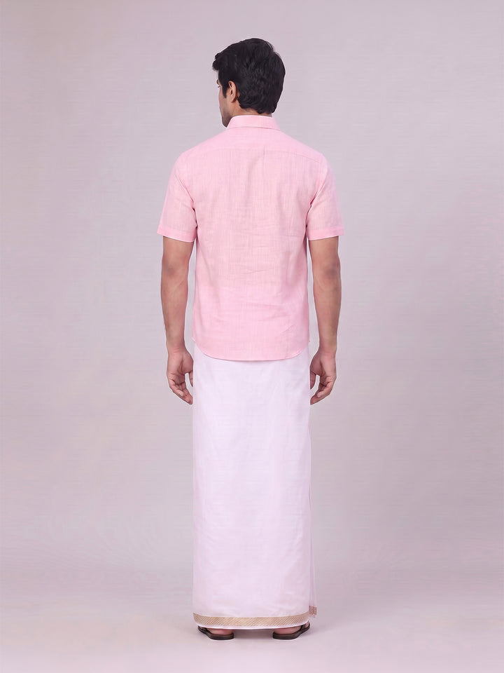 Mens Pink Shirt with Matching jacquard Weave Border Dhoti Combo Marsh
