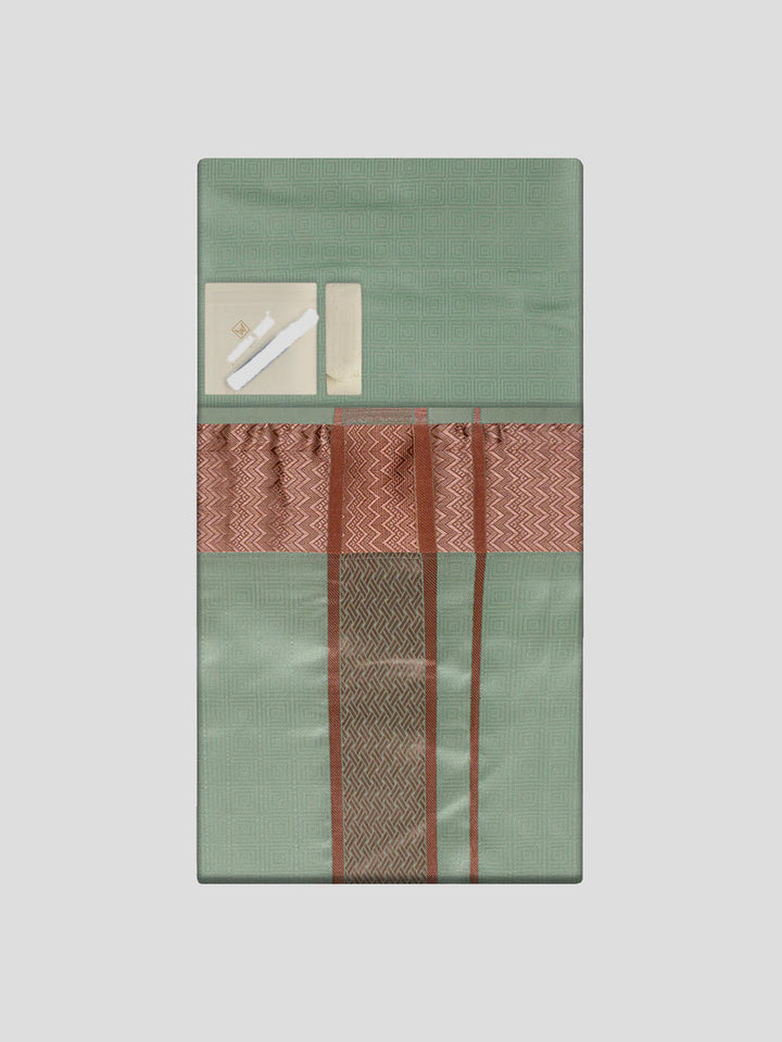 Men's Premium Art Silk Pista Shirt Bit with 2 1/2" Copper Jari Border Dhoti Combo Sieger