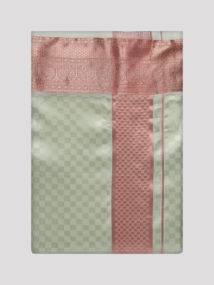 Mens Art Silk Pista Green Full Sleeves Shirt with 3 1/2" Copper Jari Border Dhoti Combo Nautica