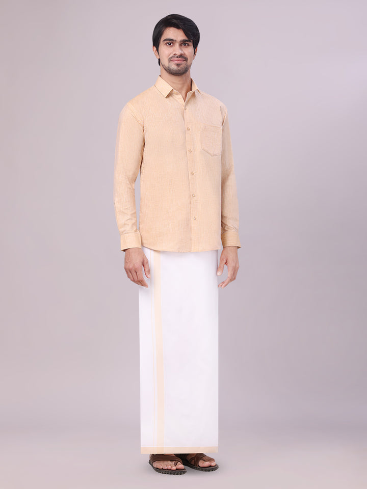 Men's Sandal Color Cotton Shirt with Matching Border Dhoti Combo