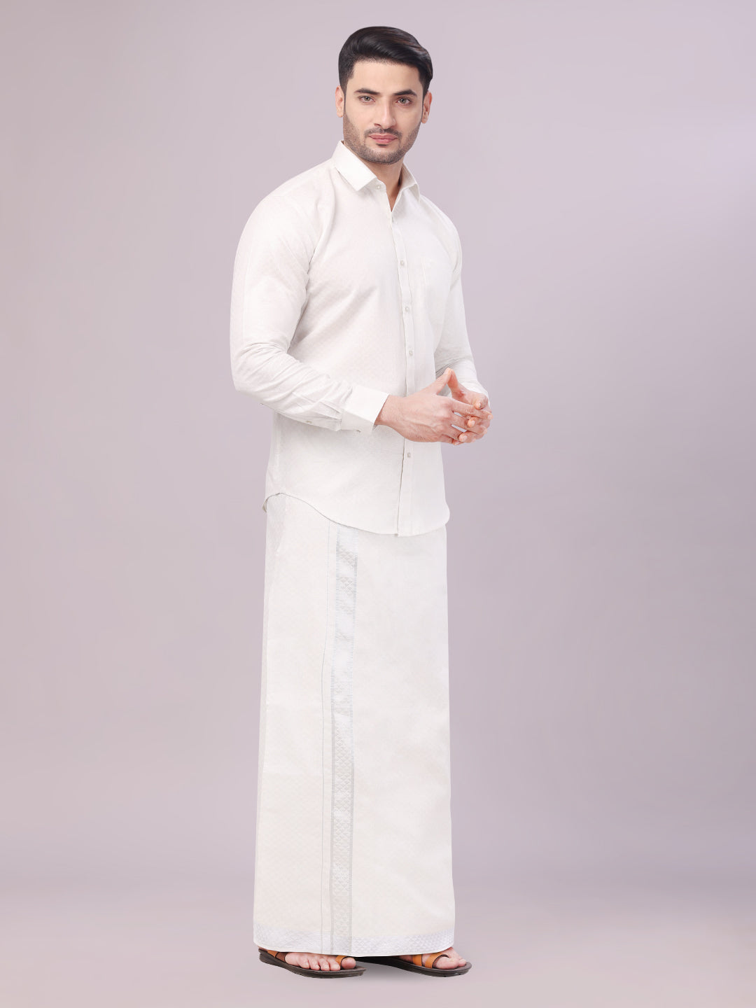 Men's Silver Color Jacquard Shirt with Matching Dhoti Combo Zeebra side pose