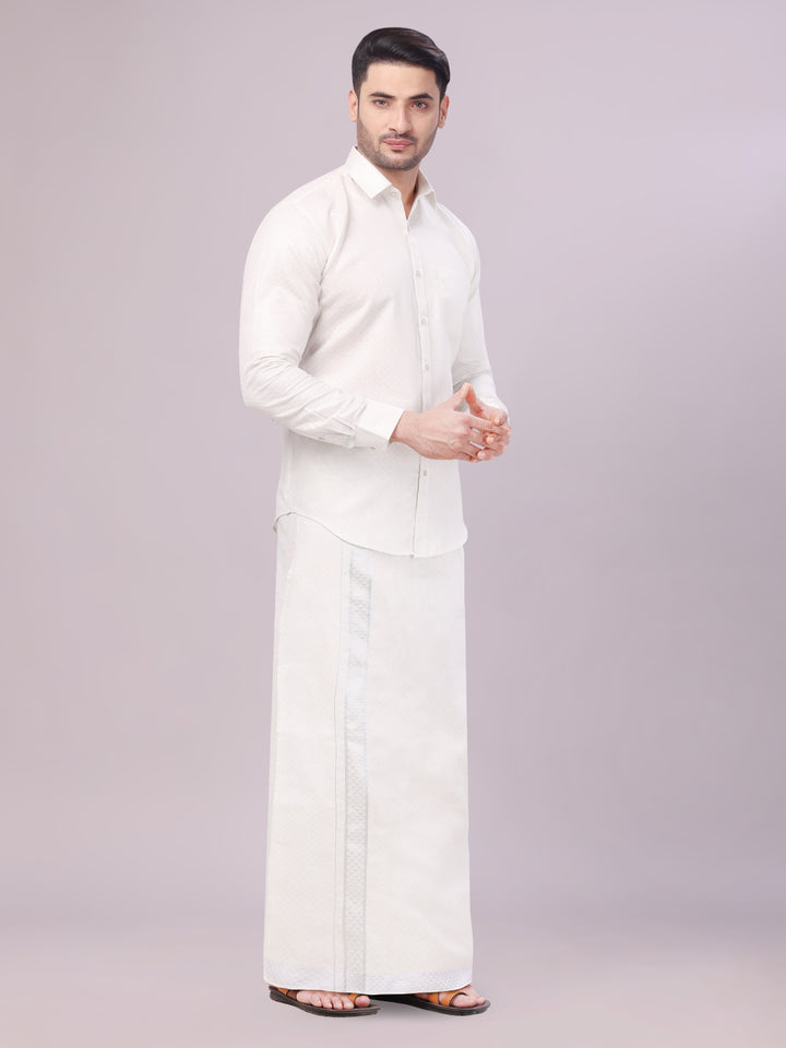 Men's Silver Color Jacquard Shirt with Matching Dhoti Combo Zeebra side pose