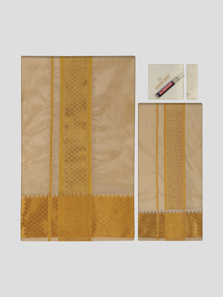 Men's Art Silk Fawn Gold Full Sleeves Shirt with 3" Gold Jari Border & Towel Dhoti Combo Mangal