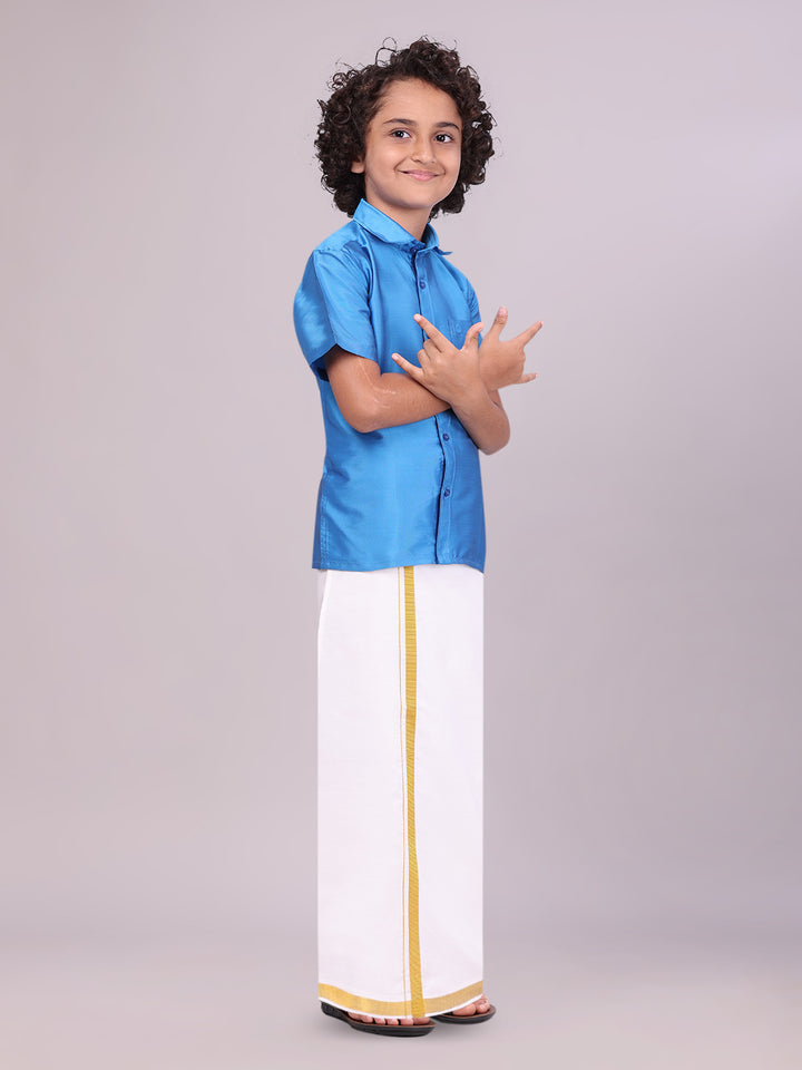 Boys Art Silk Sky Blue Half Sleeves Shirt with Gold Jari Flexi Dhoti Towel Combo side pose