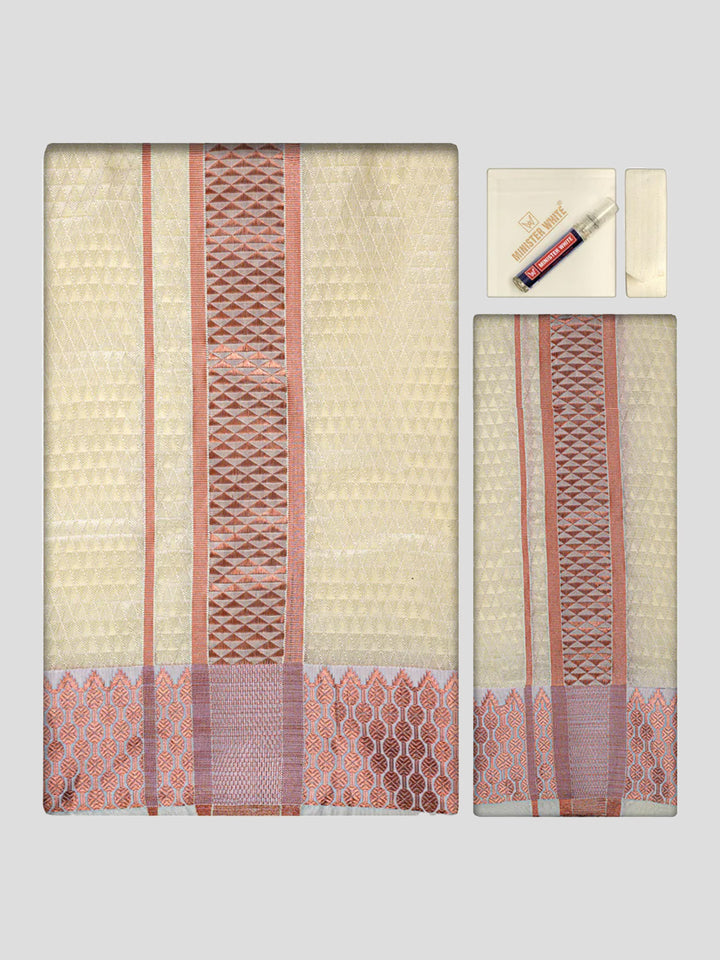 Men's Premium Art Silk Cream Shirt Bit with 2 1/2" Copper Jari Border Dhoti Towel Combo Sieger