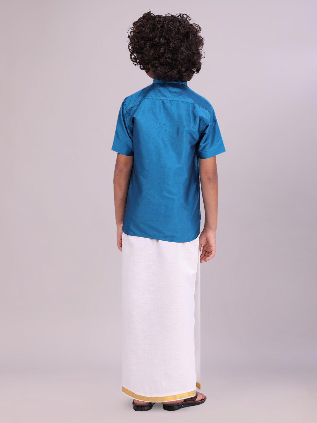 Boys Art Silk Ocean Blue Half Sleeves Shirt with Gold Jari Flexi Dhoti Towel Combo back pose