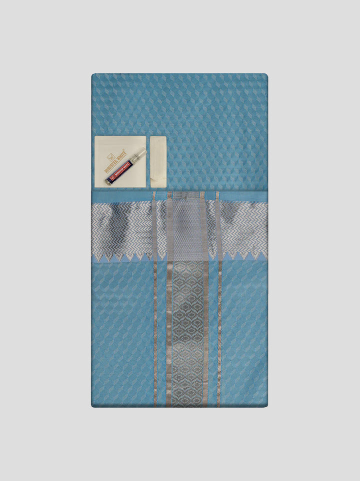Men's Premium Art Silk Sky Blue Shirt Bit with 2 1/2" Silver Jari Border Dhoti Combo Sieger