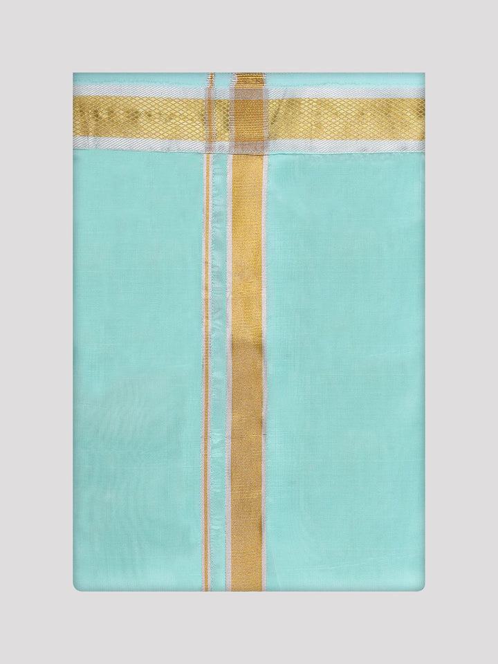 Mens Art Silk Mint Leaf Full Sleeves Shirt with Gold Jari Border Dhoti Combo Finesse