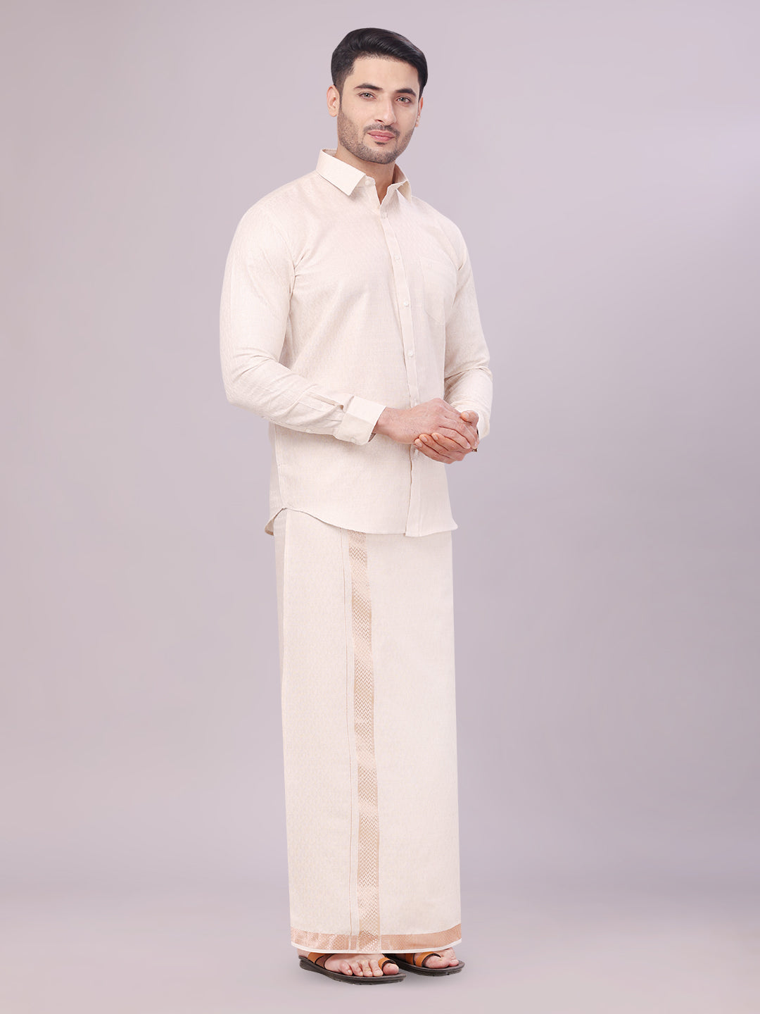 Men's Light Copper Color Jacquard Shirt with Matching Dhoti Combo Zeebra