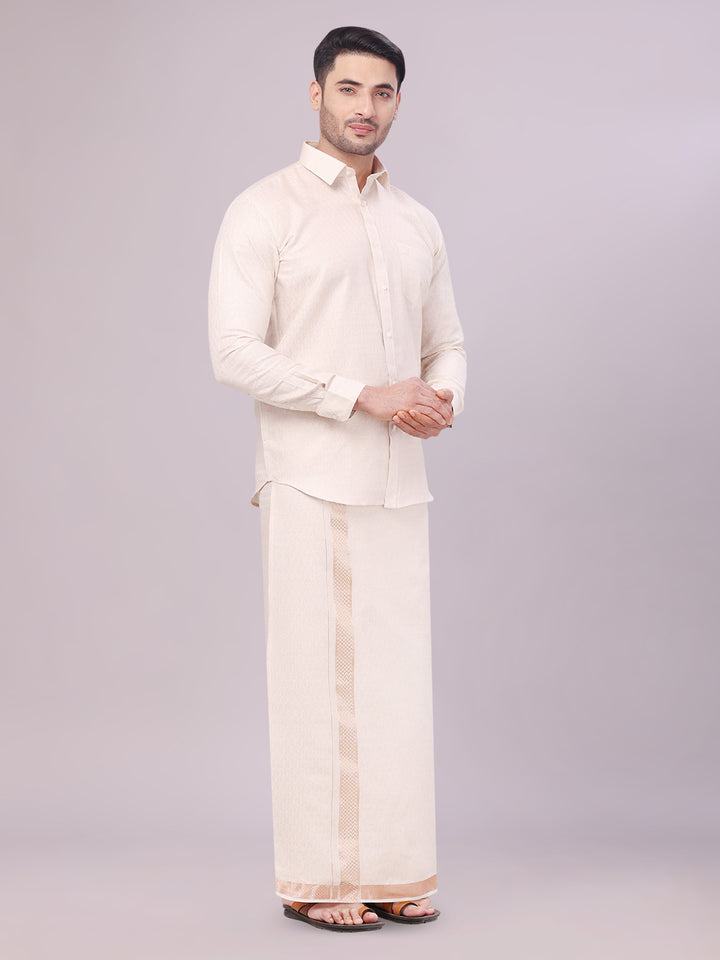 Men's Light Copper Color Jacquard Shirt with Matching Dhoti Combo Zeebra