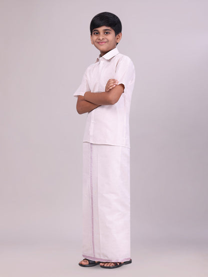 Kids Light Rose Color Tissue Shirt with Jari Dhoti Combo side pose