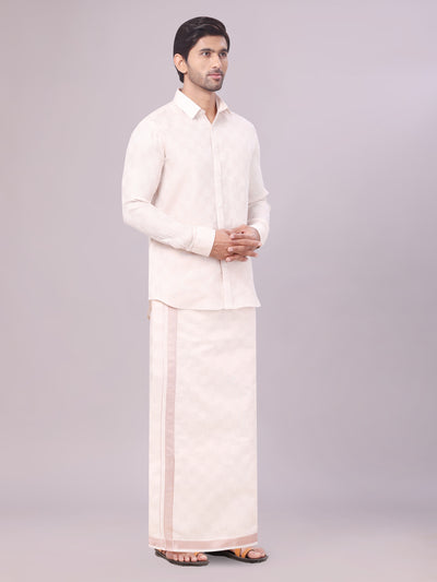 Mens Almond Tissue Jacquard Shirt with Matching Dhoti Combo Zeus side pose