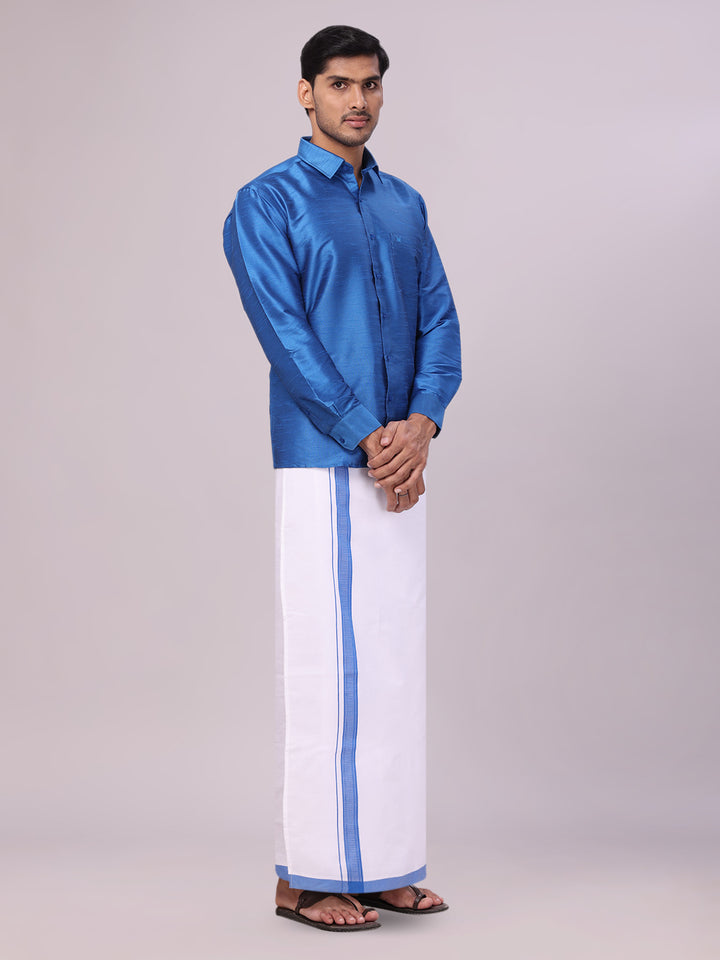 Men's Blue Dupion Satin Color Shirt with Matching Border Dhoti Combo Gora side pose