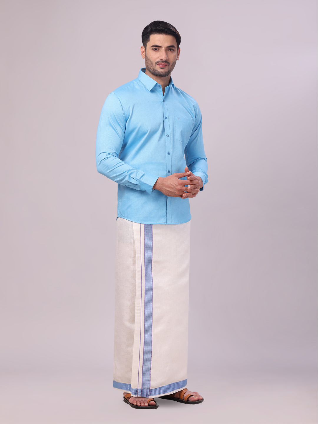 Men's Cotton Sky Blue Shirt and Airtex Matching Border Dhoti Combo Nector side pose