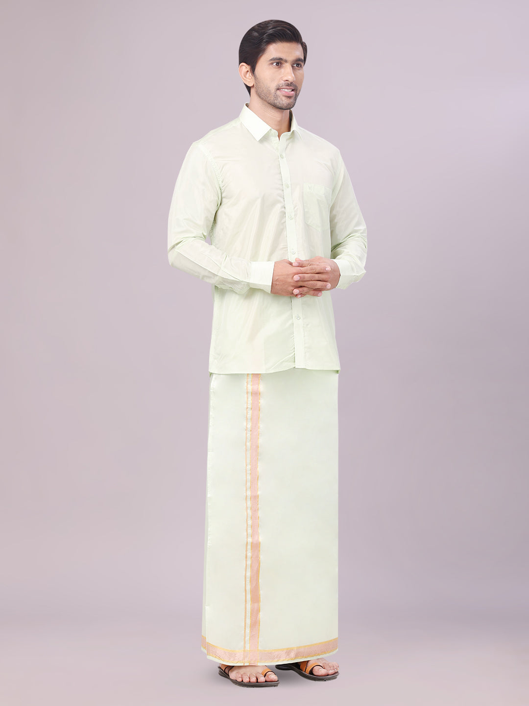 Men's Art Silk Pista Green Full Sleeves Shirt with Gold Jari Border Dhoti Combo Finesse side pose