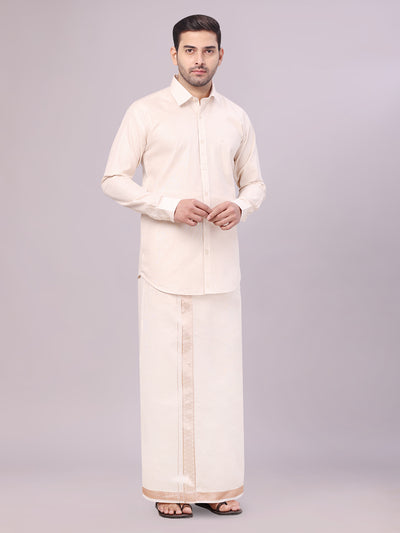 Men's Tissue Light Copper Shirt with Jacquard Fancy Border Flexi Dhoti Wedding Combo Nios