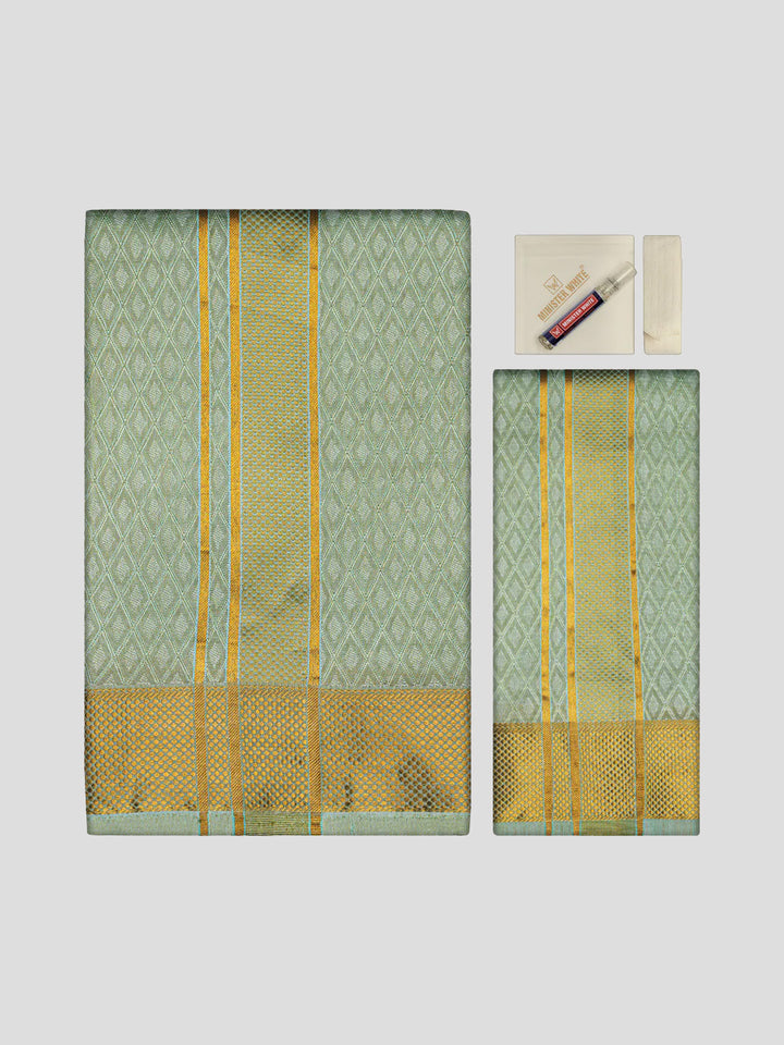 Mens Art Silk Pista Full Sleeves Shirt with 2 1/2"  Gold Jari Border & Towel Dhoti Combo Spruce