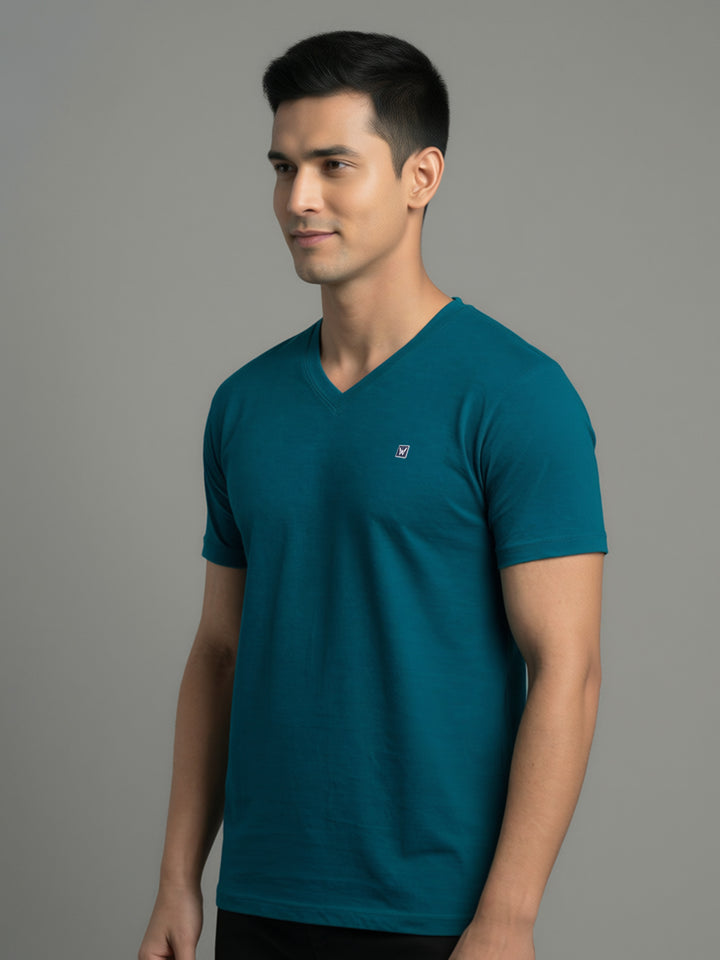 Men's Teal Regular Fit V-Neck T-Shirt Caliber