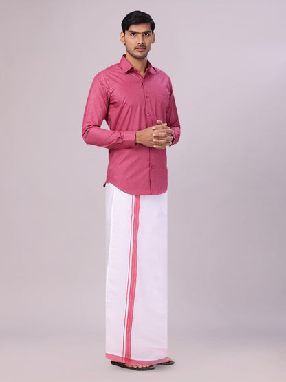 Men's Pink Color Shirt with Matching Border Dhoti Combo Casper side pose
