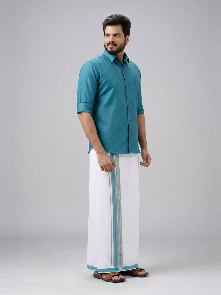 Men's Cotton Green Matching Shirt with Fancy Printed Border Dhoti Combo Luster Trend