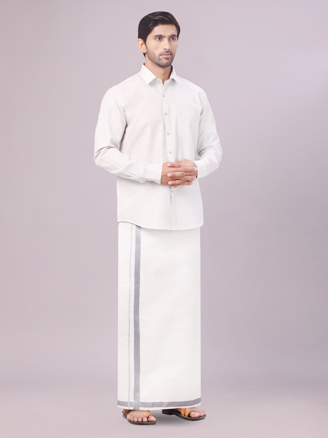 Men's Tissue Grey Color Dhoti Shirt Wedding Combo Maverick side pose