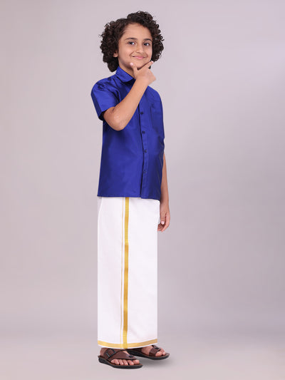 Boys Art Silk Violet Half Sleeves Shirt with Gold Jari Flexi Dhoti Towel Combo side pose