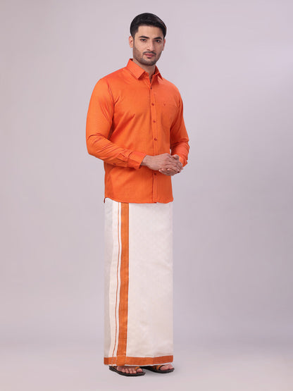 Men's Cotton Brick Shirt and Airtex Matching Border Dhoti Combo Nector