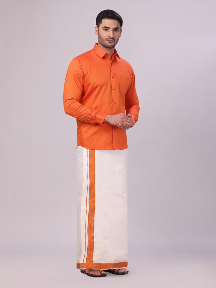 Men's Cotton Brick Shirt and Airtex Matching Border Dhoti Combo Nector